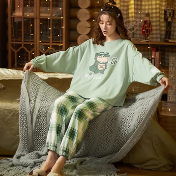 CAIYIER Puuvillane Pidžaama Naistele O-Kaeluse Armas Prindi Nightwear Sobiks Pehme Armas Tüdruk Loungwear Talvel Korea Sleepwear pijama muje