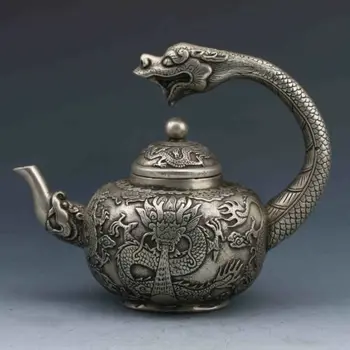 Kogumise Hiina Tiibeti hõbe käsitsi nikerdatud dragon teekann