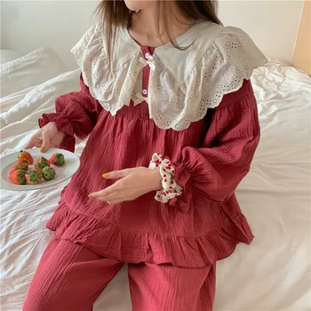 Korea Puuvill Magus Sügisel Pidžaama Komplekt Naistele Pits Segast Särgid + Püksid Komplekt Kaks Tööd Koju Sobiks Pehme Sleepwear