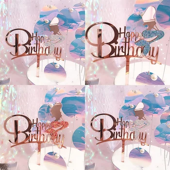 Merineitsi Elemendid Glitter Cupcake Akrüül Glitter Merineitsi Happy Birthday Cake Korjab Kaunistused Sünnipäeva 12x16cm 1TK