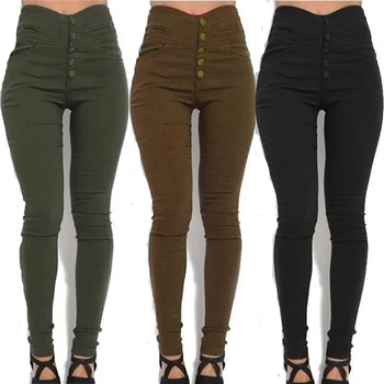 Mood Naiste Kõrge Vöökoht Skinny Stretch Pliiats Püksid Slim Fit Püksid Stiilne Naiste Must/Armee Roheline/Pruun Nuppu Pikad Püksid