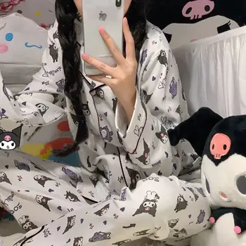 Sanrioed Kawaii Kuromi Minu Meloodia Cinnamonroll Anime Multikas Naiste pikkade varrukatega Pidžaama püksid Komplekt Sügis-Talv Homewear