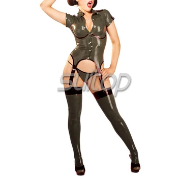 Suitop lateks riided seksikas kummist unifrom top,püksikud,sukad sõjalise armee naine stiilis riided kolm rõivakomplekti komplekti