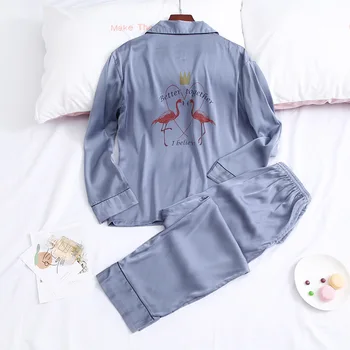 Tulin Mood Satiin Print Paar Pidžaama Komplekt Pikk Särk&Püksid Kevad Sügis Magada Set Armastavad 2TK Sleepwear Vabaaja Pijamas Ülikond