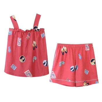 Uus Suvine Puuvillane Naiste Pilduma Pajama Set Cartoon Pidžaama Seksikas Mugav Pehme Sleepwear Tüdrukute Pidžaamad, Mille Rinnal Pad